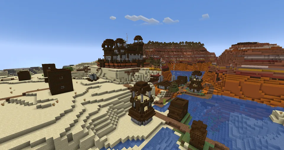 A wooden mining outpost built into badlands terracotta cliffs