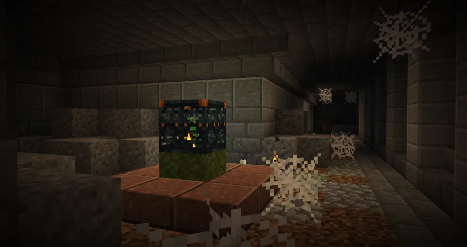 A mossy crypt entrance in a taiga forest in Minecraft