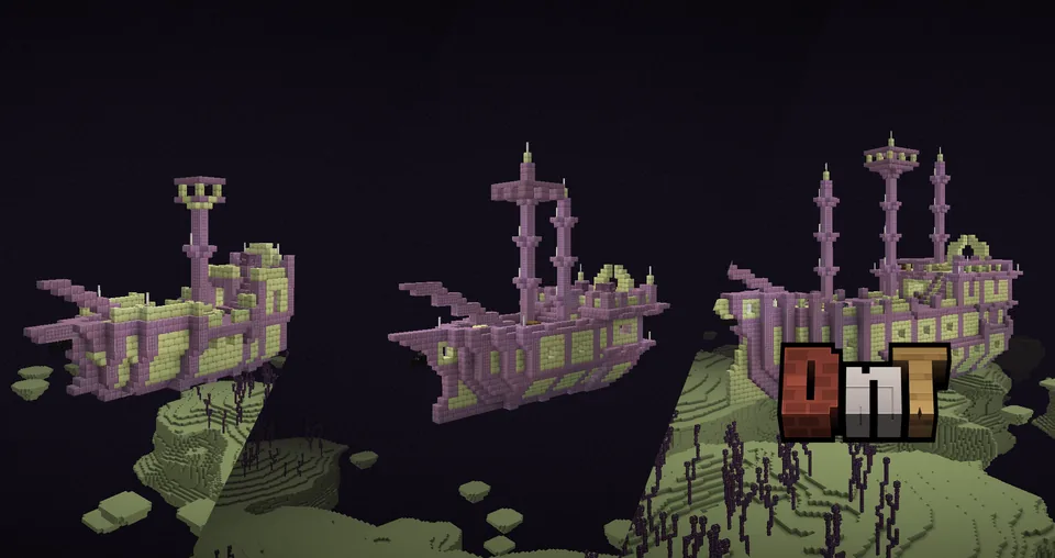 A lone end ship floating in the void of the End