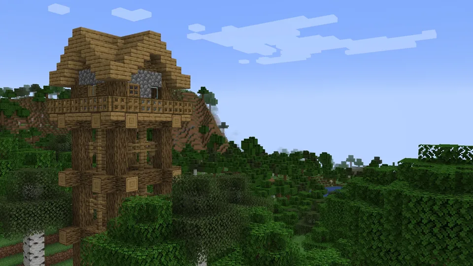 A tall wooden firewatch tower from Dungeons and Taverns overlooking a Minecraft forest