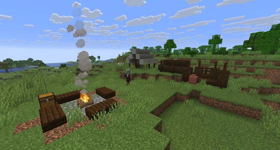 An illager camp with tents around a campfire in Minecraft