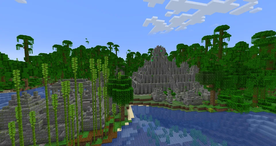 Vine-covered stone ruins deep in a Minecraft jungle
