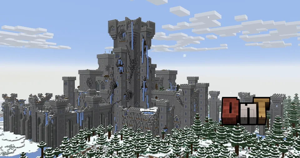 The Lone Citadel, a huge stone fortress in a snowy Minecraft landscape