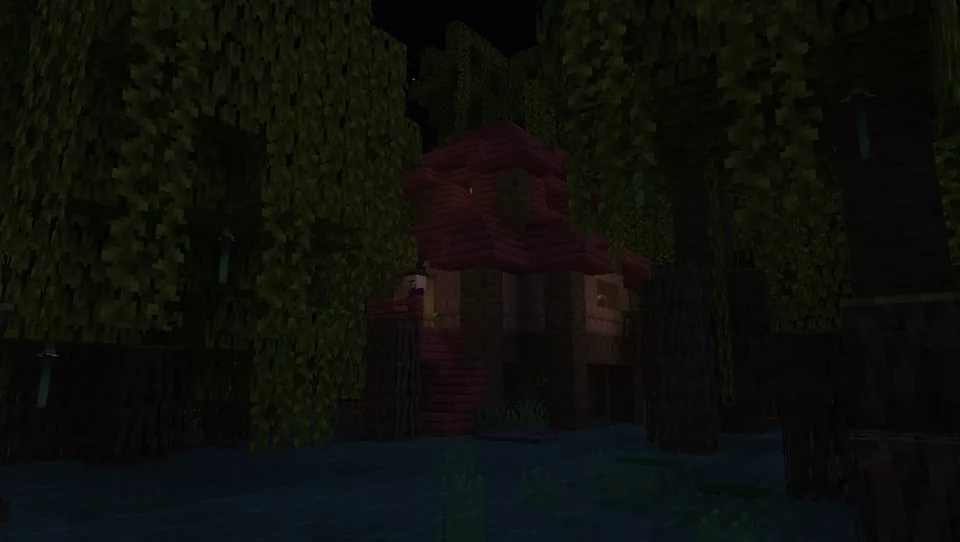 A witch hut raised on stilts among mangrove trees in Minecraft