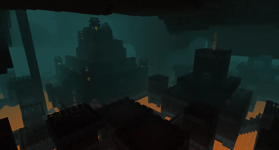 A nether port structure at lava level with docks and towers