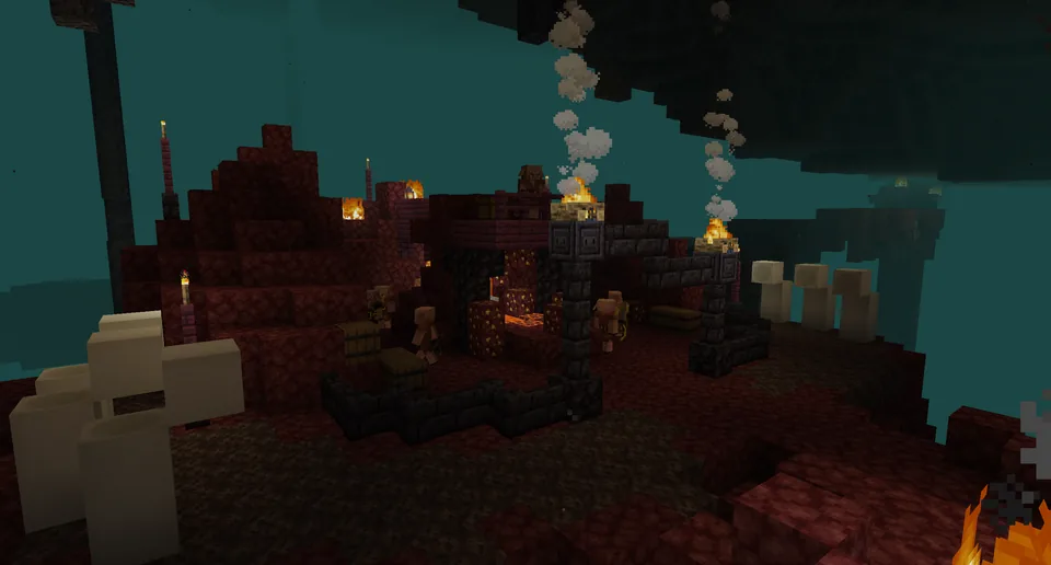A piglin camp with tents and gold in the Nether