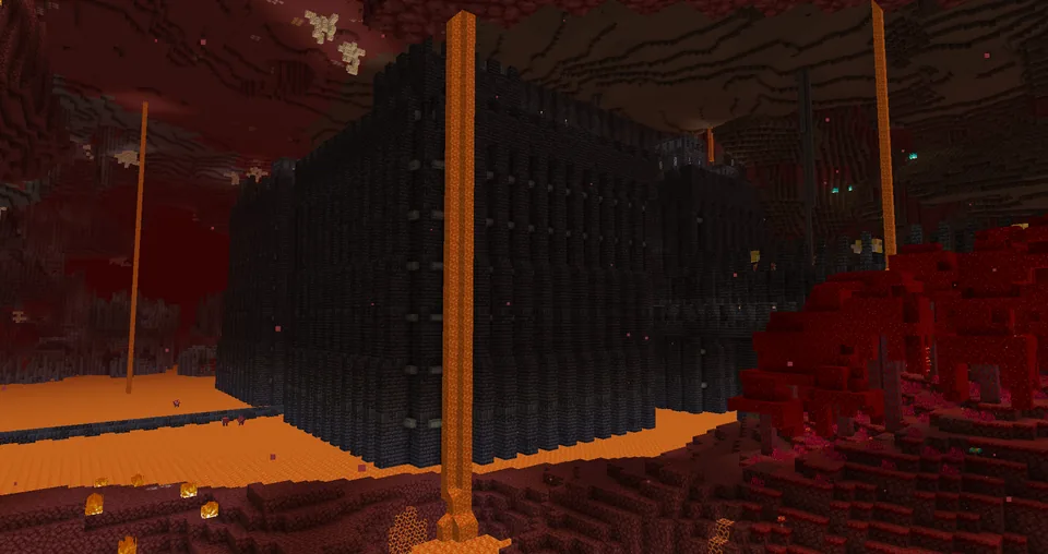 The Piglin Donjon megastructure rising out of a crimson forest in the Nether