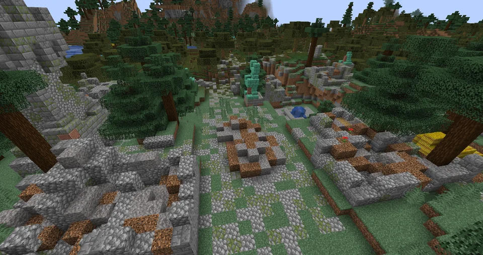 The crumbled remains of a ruined town in Minecraft