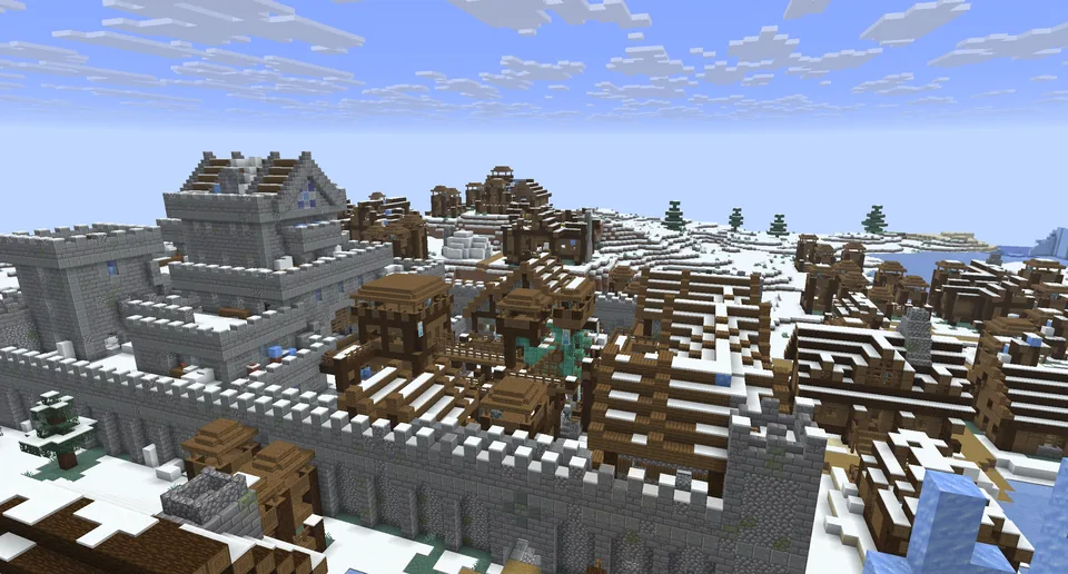 A stone fort in a snowy landscape swarming with strays