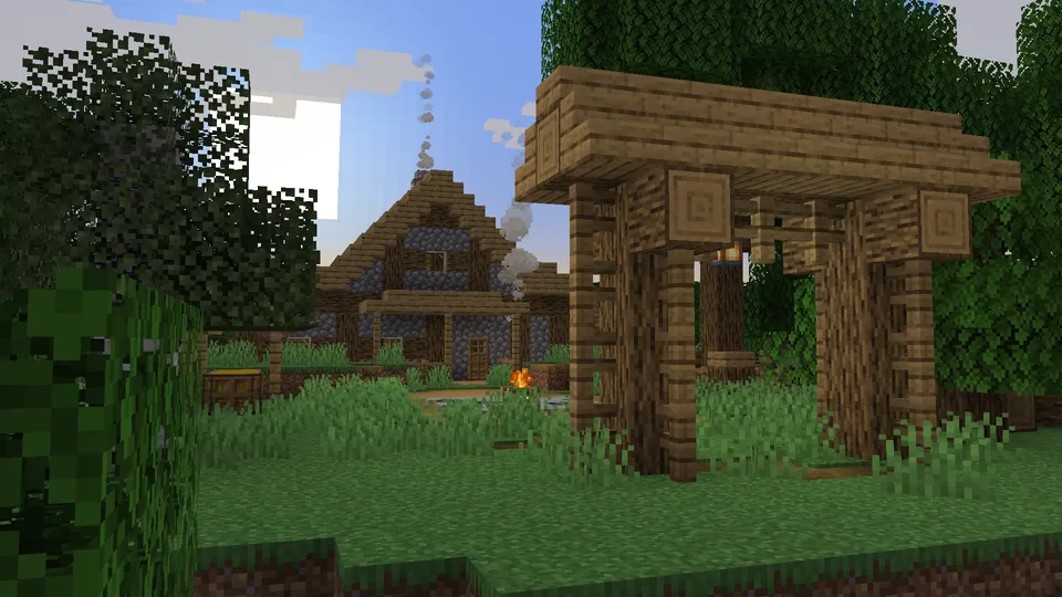 The warm glow of a Dungeons and Taverns tavern interior at night in Minecraft