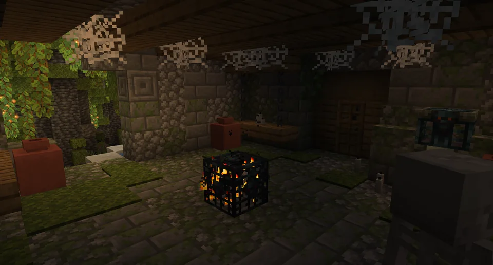 A dungeon room lit by trial spawners deep underground