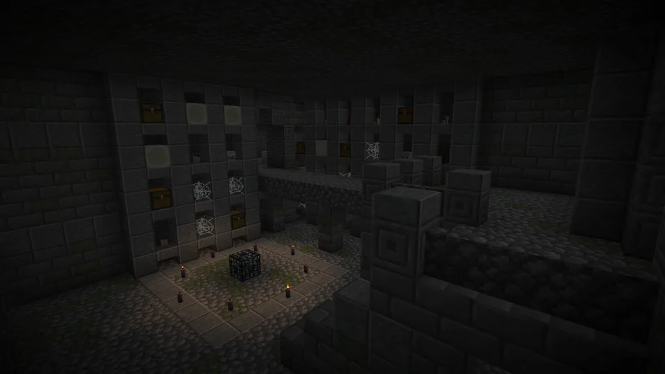 A dark crypt lined with bones and skulls in Minecraft
