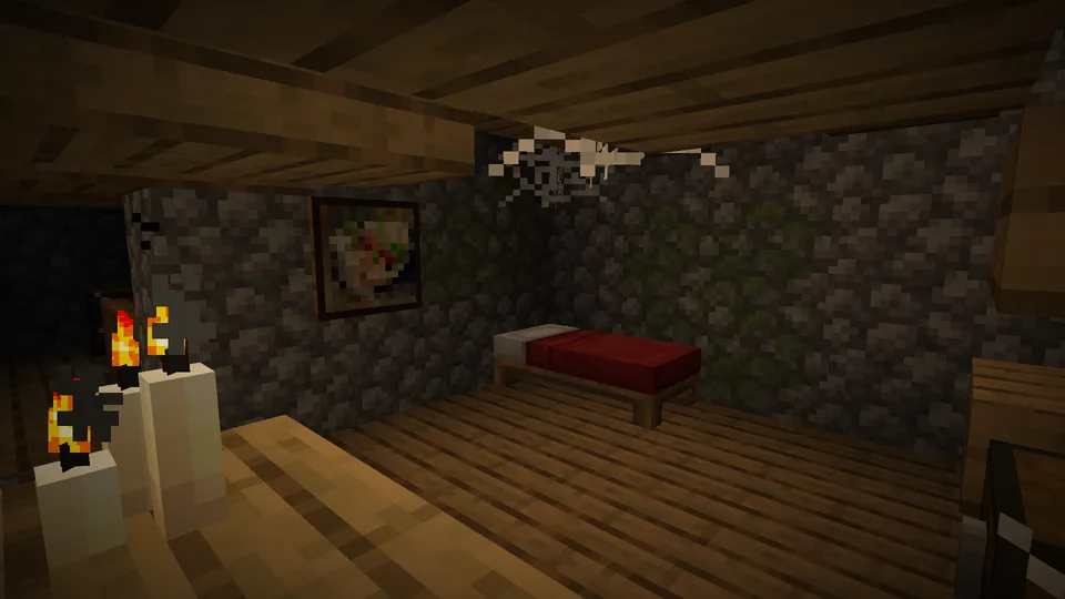 A hidden underground house interior with wooden walls in Minecraft