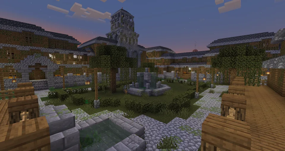 A large witch villa built in a Minecraft swamp